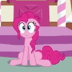 Size: 330x330 | Tagged: safe, screencap, pinkie pie, earth pony, pony, g4, pinkie pride, season 4, animated, banner, blinking, cropped, cross-eyed, female, floppy ears, gif, looking down, mare, sad, sitting, solo, wide eyes