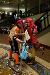 Size: 640x960 | Tagged: safe, apple bloom, scootaloo, sweetie belle, human, g4, convention, cosplay, cutie mark crusaders, helmet, irl, irl human, photo, sacanime, sacanime winter, scooter
