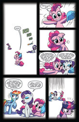 Size: 630x969 | Tagged: safe, artist:amy mebberson, idw, official comic, pinkie pie, rainbow dash, rarity, twilight sparkle, alicorn, earth pony, pegasus, pony, unicorn, g4, spoiler:comic, spoiler:comic16, comic, echo, female, idw advertisement, mare, preview, seashell, simple background, speech bubble, twilight sparkle (alicorn), void, white background