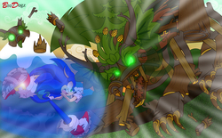 Size: 1600x994 | Tagged: safe, artist:brodogz, timber wolf, chaos in equestria, commission, crossover, fanfic art, fight, male, sonic the hedgehog, sonic the hedgehog (series)