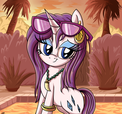 Size: 990x924 | Tagged: safe, artist:daniel-sg, rarity, g4, alternate hairstyle, female, hind legs, legs together, solo, sunglasses, swimming pool