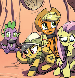 Size: 401x417 | Tagged: safe, idw, official comic, applejack, daring do, fluttershy, dragon, earth pony, pegasus, pony, g4, spoiler:comic, bondage, female, mare, slave, unsexy bondage