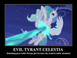 Size: 700x523 | Tagged: safe, princess celestia, g4, season 4, adventure in the comments, demotivational poster, female, meme, op is a duck, op is trying to start shit, parody, sarcasm, solo, text, tyrant celestia, tyrant celestia bp