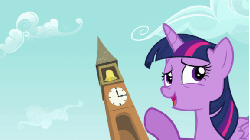 Size: 576x324 | Tagged: safe, edit, edited screencap, editor:a sad pony, screencap, twilight sparkle, alicorn, pony, g4, pinkie pride, animated, bell, clock, clock tower, female, forced perspective, mare, pure unfiltered evil, solo, twilight sparkle (alicorn), wanker, wat