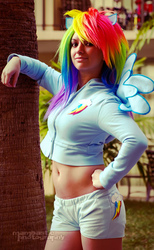 Size: 494x800 | Tagged: safe, artist:ladymella, rainbow dash, human, g4, belly button, cosplay, irl, irl human, midriff, photo, solo