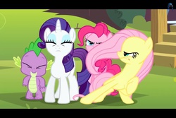 Size: 960x640 | Tagged: safe, screencap, fluttershy, pinkie pie, rarity, spike, g4, pinkie pride, facial expressions