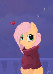 Size: 1024x1434 | Tagged: safe, artist:deltalinwie, fluttershy, g4, clothes, female, heart, looking at you, night, smiling, solo, sweater, sweatershy