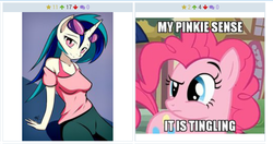 Size: 717x380 | Tagged: safe, artist:alkalizonian, dj pon-3, pinkie pie, vinyl scratch, anthro, derpibooru, g4, exploitable meme, juxtaposition, juxtaposition win, meme, meta, pinkie sense