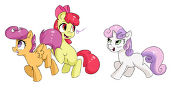 Size: 7147x3660 | Tagged: dead source, safe, artist:bloodyhellhayden, apple bloom, scootaloo, sweetie belle, earth pony, pegasus, pony, unicorn, g4, apple bloom's bow, blank flank, bow, cutie mark crusaders, female, filly, foal, hair bow, open mouth, simple background, walking, white background