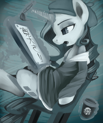 Size: 1658x1986 | Tagged: safe, artist:facerenon, rarity, g4, clothes, drink, female, japanese, magic, paintbrush, sitting, solo, writing