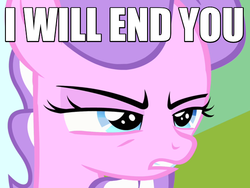 Size: 600x450 | Tagged: safe, diamond tiara, g4, pinkie pride, angry, caption, death threat, female, image macro, reaction image, solo, threat