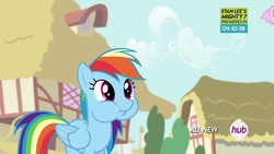 Size: 1280x720 | Tagged: safe, screencap, rainbow dash, pegasus, pony, g4, my little pony: friendship is magic, pinkie pride, all new, aweeg*, cute, dashabetes, female, hub logo, mare, puffy cheeks, solo, text