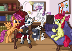 Size: 1700x1200 | Tagged: safe, artist:starbat, apple bloom, scootaloo, sweetie belle, oc, oc:dr. wolf, anthro, g4, a moment with drwolf, cutie mark crusaders, male, non-mlp oc