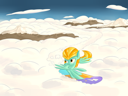 Size: 4000x3000 | Tagged: safe, artist:crazypon3, lightning dust, pegasus, pony, g4, cloud, cloudy, female, mare, snowboard, snowboarding, solo