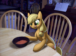 Size: 900x674 | Tagged: safe, artist:weirdofish, applejack, earth pony, pony, g4, applesauce, delicious, irl, licking, licking lips, photo, ponies in real life, solo, tongue out