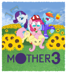 Size: 852x938 | Tagged: safe, artist:xylophon, fluttershy, pinkie pie, rainbow dash, rarity, g4, boney, clothes, crossover, duster, earthbound, field, kumatora, lucas, mother 3, scared, sunflower, video game