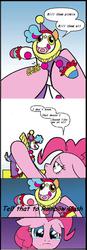 Size: 453x1296 | Tagged: source needed, safe, artist:ben bates, edit, idw, pinkie pie, ponyacci, pony, fanfic:cupcakes, g4, clown, comic, crying, dialogue, doll, female, implied murder, mare, mental illness, schizophrenia