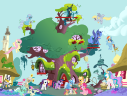 Size: 2320x1750 | Tagged: safe, apple bloom, applejack, bon bon, derpy hooves, fluttershy, lyra heartstrings, mayor mare, pinkie pie, princess celestia, princess luna, queen chrysalis, rainbow dash, rarity, scootaloo, screw loose, sweetie belle, sweetie drops, trixie, twilight sparkle, zecora, alicorn, pony, zebra, g4, cutie mark crusaders, female, golden oaks library, library, mare, s1 luna, twilight sparkle (alicorn), valentine's day