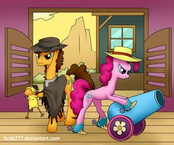 Size: 979x816 | Tagged: safe, artist:brab777, boneless, cheese sandwich, pinkie pie, g4, pinkie pride, appleloosa, cannon, concave belly, duo, female, male, mare, slender, stallion, thin