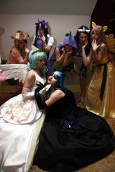 Size: 480x720 | Tagged: safe, artist:arlette, artist:chiara scuro, applejack, fluttershy, nightmare moon, princess celestia, rarity, spike, twilight sparkle, human, g4, cosplay, irl, irl human, photo