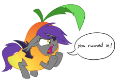 Size: 1296x880 | Tagged: safe, artist:equestria-prevails, oc, oc only, bat pony, pony, angry, bat pony oc, clothes, costume, cute little fangs, ear tufts, ears back, fangs, female, food costume, frown, glare, mango, mango costume, mare, nose wrinkle, open mouth, reaction image, simple background, solo, speech bubble, spread wings, transparent background, underhoof, yelling, you ruined it