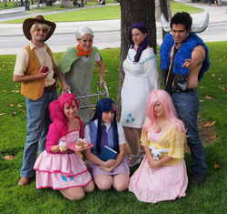 Size: 800x753 | Tagged: safe, artist:alchimique, artist:sppandaaa, artist:spwinkles, braeburn, fluttershy, granny smith, iron will, pinkie pie, rarity, twilight sparkle, human, g4, 2012, cosplay, fanimecon, irl, irl human, photo