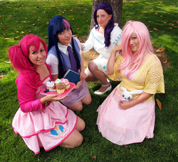 Size: 700x636 | Tagged: safe, artist:alchimique, artist:sppandaaa, artist:spwinkles, fluttershy, pinkie pie, rarity, twilight sparkle, human, g4, 2012, cosplay, fanimecon, irl, irl human, photo