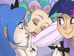Size: 1600x1200 | Tagged: safe, artist:thelivingmachine02, princess celestia, princess luna, twilight sparkle, human, g4, face doodle, hair curlers, humanized, incoming prank, light skin, lipstick, marker, nail polish, prank, sleeping, this will end in tears and/or a journey to the moon