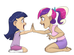 Size: 1600x1200 | Tagged: safe, artist:thelivingmachine02, princess cadance, twilight sparkle, human, g4, barefoot, clothes, eye contact, feet, humanized, kneeling, light skin, looking at each other, missing shoes, open mouth, pattycakes, ponytail, simple background, smiling, socks, sunshine sunshine, white background, younger