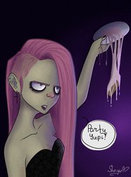 Size: 771x1037 | Tagged: safe, artist:nyako-shoyu, pinkie pie, human, g4, cake, clothes, cross, dark, dress, eyeshadow, female, food, humanized, light skin, lipstick, piercing, pinkamena diane pie, solo, undercut