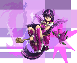 Size: 1478x1212 | Tagged: safe, artist:audrarius, discord, spike, twilight sparkle, dog, human, g4, horn, horned humanization, humanized, light skin, magical girl, spike the dog, tailed humanization, twilight scepter, twilight sparkle (alicorn), wing ears, winged humanization