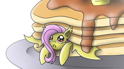 Size: 800x448 | Tagged: safe, artist:norcinu, fluttershy, bat pony, pony, g4, :<, butter, cute, ear tufts, female, flutterbat, food, giant/tiny, looking up, mare, micro, pancakes, plate, prone, shyabates, shyabetes, simple background, solo, stuck, syrup, white background