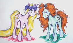 Size: 3437x2023 | Tagged: safe, artist:evaistryingagain, brave (movie), impossibly long hair, impossibly long tail, long hair, long mane, long tail, merida, ponified, rapunzel, tangled (disney)