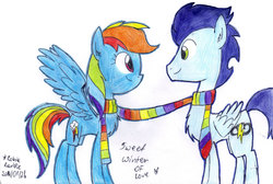 Size: 2454x1650 | Tagged: safe, artist:mariethepony, rainbow dash, soarin', pegasus, pony, g4, clothes, duo, female, male, mare, scarf, shared clothing, shared scarf, ship:soarindash, shipping, stallion, straight, traditional art