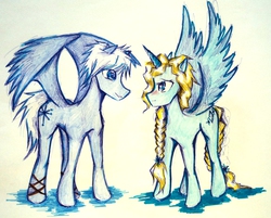 Size: 2837x2286 | Tagged: safe, artist:evaistryingagain, blushing, disney, dreamworks, elsa, female, frozen (movie), jack frost, jelsa, male, ponified, rise of the guardians, shipping, straight