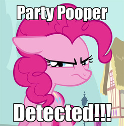 Size: 551x559 | Tagged: safe, pinkie pie, g4, pinkie pride, angry, caption, ears back, female, frown, glare, image macro, looking at you, party pooper, solo