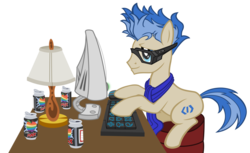 Size: 1024x626 | Tagged: safe, artist:tygerbug, oc, oc only, cider, computer, glasses, solo