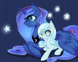 Size: 2000x1600 | Tagged: safe, artist:santagiera, princess luna, oc, oc:snowdrop, alicorn, pegasus, pony, g4, female, filly, hug, mare, prone, stars, winghug