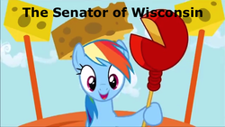 Size: 638x359 | Tagged: safe, edit, rainbow dash, g4, pinkie pride, caption, cheese hat, cheese scepter, cheesehead, female, hat, senator, solo, wisconsin