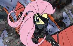 Size: 1702x1080 | Tagged: safe, artist:flutteranderson, fluttershy, g4, crossover, konami, metal gear, metal gear rising, raiden, rules of nature