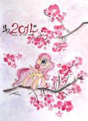 Size: 2808x3868 | Tagged: safe, artist:catseye-view, fluttershy, g4, 2014, female, flower, solo, traditional art, year of the horse