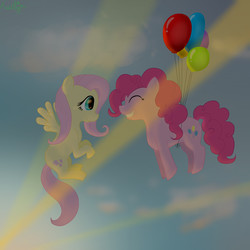 Size: 2000x2000 | Tagged: safe, artist:flower-power-love, fluttershy, pinkie pie, g4, balloon, flying