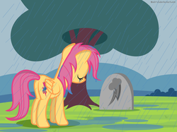 Size: 2750x2060 | Tagged: safe, artist:noah-x3, scootaloo, pegasus, pony, g4, butt, female, grave, implied death, implied rainbow dash, mare, older, plot, rain, sad, show accurate, solo, tree