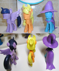 Size: 722x862 | Tagged: safe, applejack, trixie, twilight sparkle, alicorn, pony, g4, female, funko, hat, mare, prototype, toy, trixie's cape, trixie's hat, twilight sparkle (alicorn)