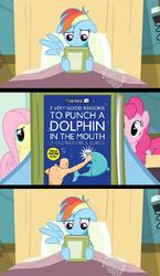 Size: 581x1000 | Tagged: safe, edit, edited screencap, screencap, rainbow dash, dolphin, earth pony, pegasus, pony, g4, read it and weep, animal abuse, bed, book, comic, floppy ears, hospital bed, meme, reading rainbow, screencap comic, the oatmeal