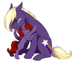 Size: 700x592 | Tagged: safe, artist:shinepawpony, oc, oc only, earth pony, pegasus, pony, crying, duo, father and daughter, female, filly, hug, male, mare, stallion