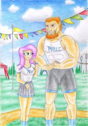 Size: 1631x2329 | Tagged: safe, artist:sinaherib, bulk biceps, fluttershy, human, g4, rainbow falls, beard, clothes, duo, facial hair, flexing, humanized, light skin, muscles, rainbow falls (location), scene interpretation, skirt, tank top, traditional art