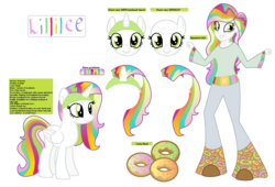 Size: 1531x1042 | Tagged: safe, artist:beanbases, artist:monkfishyadopts, artist:softybases, oc, oc only, oc:lillilee, changepony, hybrid, pegasus, equestria girls, g4, base used, closed mouth, clothes, donut, fake horn, fist, folded wings, food, freckles, gradient mane, gradient tail, green eyes, grin, hairband, horn headband, implied donut joe, implied queen chrysalis, implied shining armor, interspecies offspring, joke oc, mary sue, not an alicorn, offspring, pants, parent:queen chrysalis, parent:shining armor, parents:shining chrysalis, pegasus oc, rainbow hair, reference sheet, self paradox, self ponidox, shirt, simple background, smiling, standing, tail, text, transparent background, wings