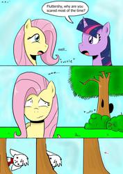 Size: 1240x1754 | Tagged: safe, artist:sonikku001, edit, fluttershy, twilight sparkle, g4, scared, tree