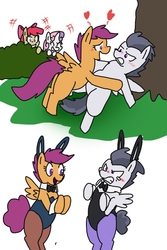 Size: 400x600 | Tagged: safe, artist:kushina13, apple bloom, rumble, scootaloo, sweetie belle, g4, blushing, bunny ears, bunny suit, butt, clothes, crossdressing, cutie mark crusaders, female, heart, leotard, male, pantyhose, playboy bunny, plot, rumble rabbit, ship:rumbloo, straight, tsundere